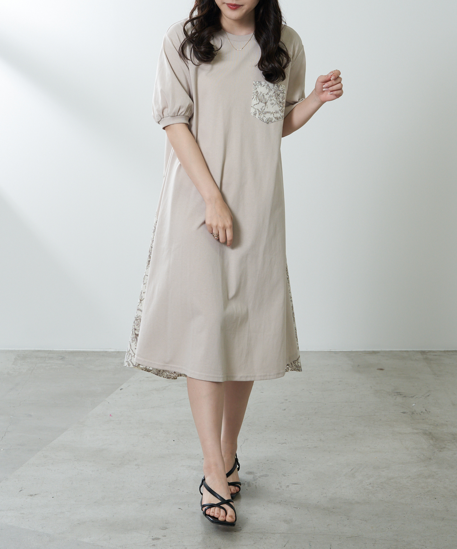 クーポン】【セール 40%OFF】天竺×布帛柄切替ワンピース