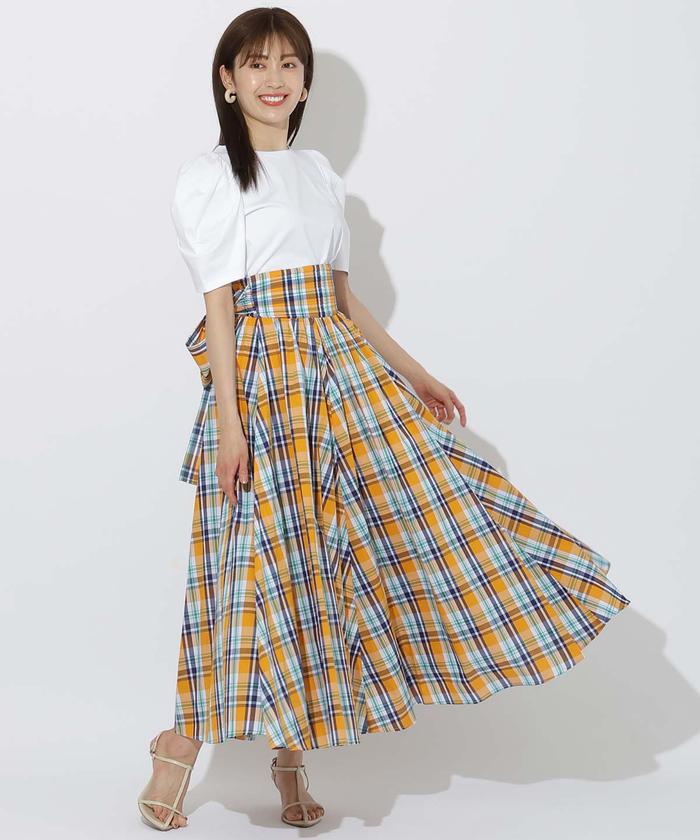 セール 40%OFF】チェックバックリボンギャザーフレアスカート