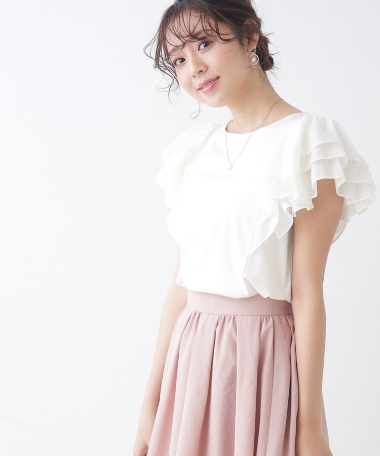 セール23%OFF】【大人可愛い華盛りデザイン】シアーラッフルスリーブT