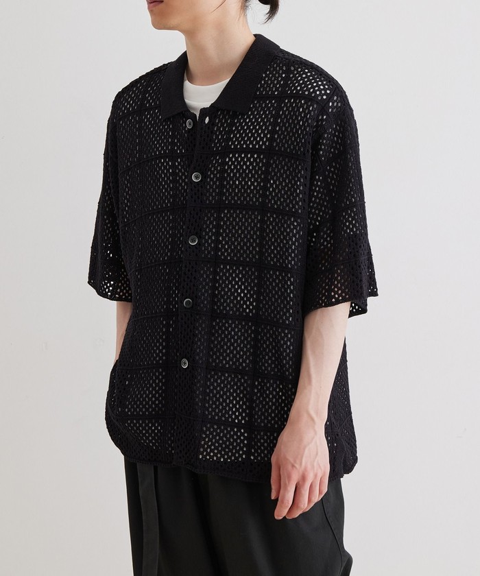 お歳暮 人気 オシャレ クーポン】【WEB限定】透かし編み クロシェ シャツ ニット トップス