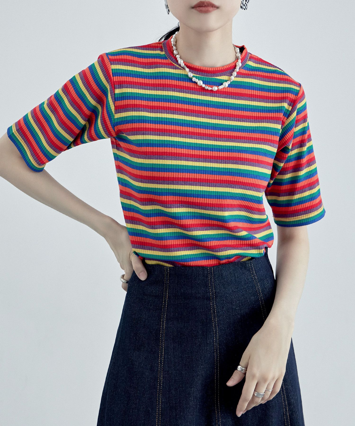 マルチボーダークルーネックリブTシャツ ボーダー トップス