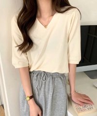 Amulet/アミュレット Amulet Vネック薄手ニット レディース トップス 五分袖 半袖 無地 春服 夏 秋 10代 20代 韓国ファッション オフィスカジュアル デ/505318063