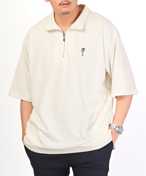 ラグスタイル LUXSTYLE バラ刺繍ハーフZIP半袖ビッグTシャツ/T