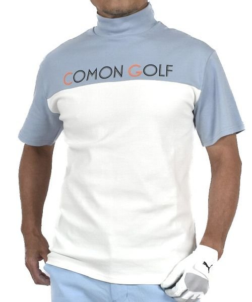 （COMONGOLF/コモンゴルフ）【COMONGOLF】スムース素材ロゴ入りモックネックゴルフシャツ(CG−HT3015)/メンズ ブルー