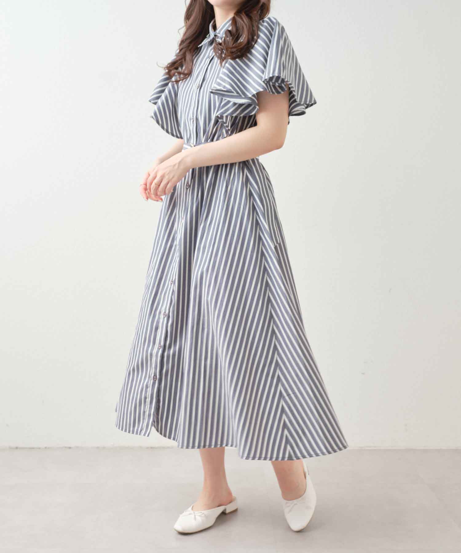 超美品 KIMIJIMA BOUTIQUE フリル ストライプ シャツワンピース