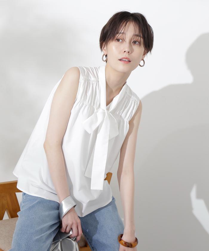 セール 50%OFF】フロントリボンギャザーノースリーブブラウス セール 50%OFF】フロントリボンギャザーノースリーブブラウス