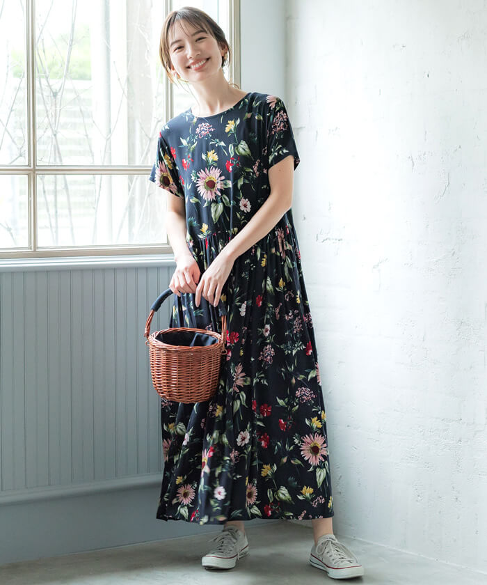 知多木綿 花柄 ワンピース ガーゼシャツワンピース/カーキ/知多木綿 ワンピース UZUiRO