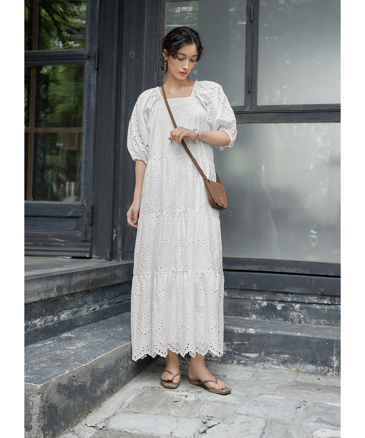 【極美品】ドゥロワー　ワンピース　コットン×リネン　シルク　パフスリーブ　デニム BPF01_14_14061206301_6700?$