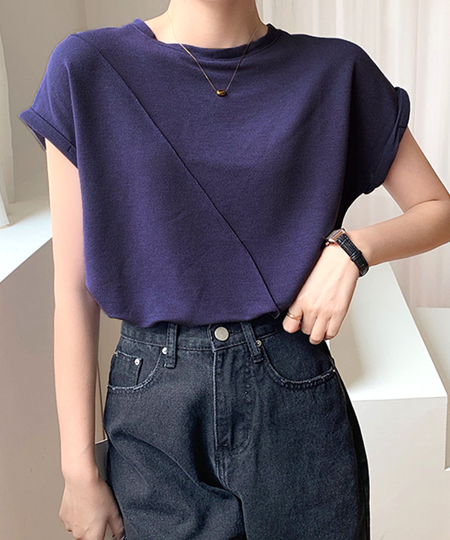 新品✨ICB フレンチスリーブバイカラーニットワンピース ブルー