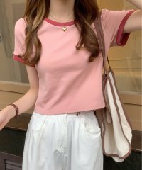 shoppinggo/夏服Tシャツ トップス レディース 半袖 クルーネック 配色 ショート丈 ｔシャツ半袖 カラー 無地 シンプル カットソーカジュアル/505345078