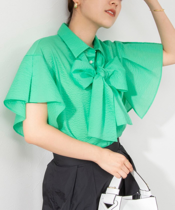 美品NOLLEY'S ノーリーズ ラッフルリボンブラウス 半袖 ストライプ 38 セール 55%OFF】ラッフルリボンブラウス(505311836