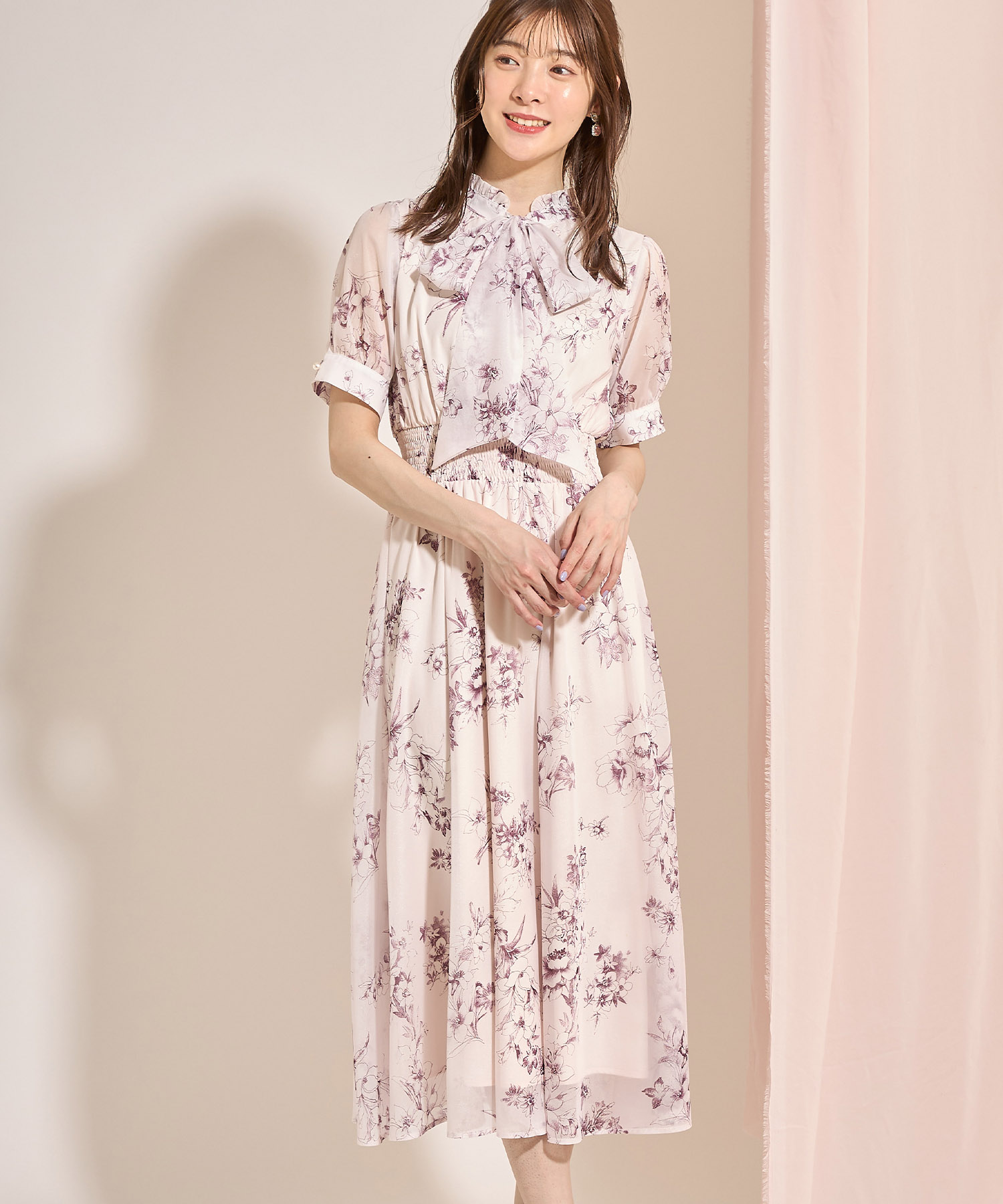 前後2WAYボウタイリボンウエストシャーリングシアーフラワー