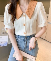 Amulet/アミュレット Amulet バイカラーフェミニンブラウス レディース トップス シャツ 半袖 春 夏服 韓国ファッション 10代 20代 30代 オフィスカジュ/505379968