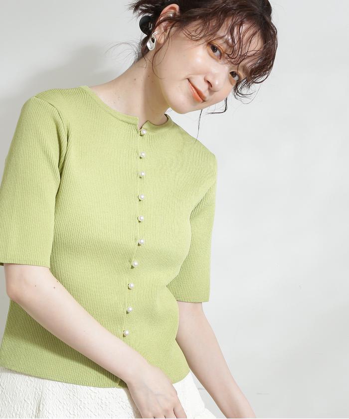 クD184N.Natural Beauty Basicパールボタン半袖リブニット クD184N.Natural Beauty Basicパールボタン半袖リブニット