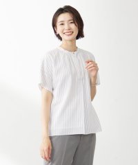 J.PRESS LADIES/シアーストライプチェック フレンチスリーブ バンドカラー カットソー/505384098