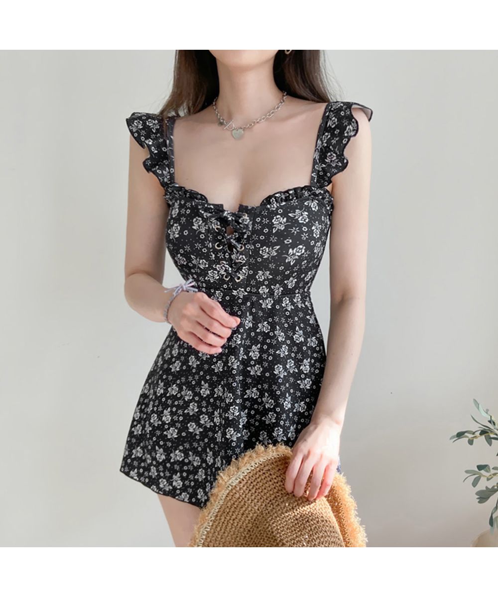 クーポン】【セール40%OFF】小花柄レースアップワンピース水着