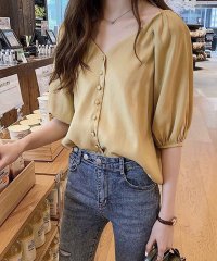 Amulet/アミュレット Amulet くるみボタン5分丈ブラウス レディース トップス 春 夏服 秋 韓国ファッション 10代 20代 30代 オフィスカジュアル 半端袖/505395705