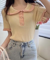 Amulet/アミュレット Amulet 半袖バイカラーニット レディース トップス 春 夏服 韓国ファッション 10代 20代 30代 オフィスカジュアル フリル サマーニ/505395706
