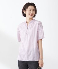 J.PRESS LADIES（LARGE SIZE）/【洗える】綿キュプラコードストライプ キーネック ブラウス/505340478