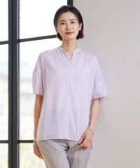 J.PRESS LADIES（LARGE SIZE）/【洗える】綿キュプラコードストライプ キーネック ブラウス/505340478