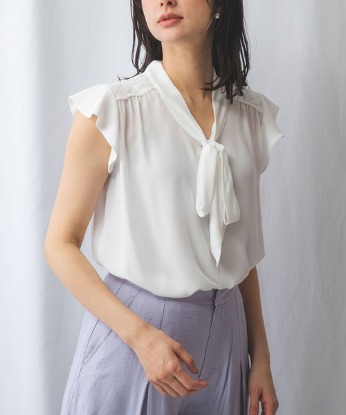セール 50%OFF】無地ジョーゼットショルダーレースボウタイ付き