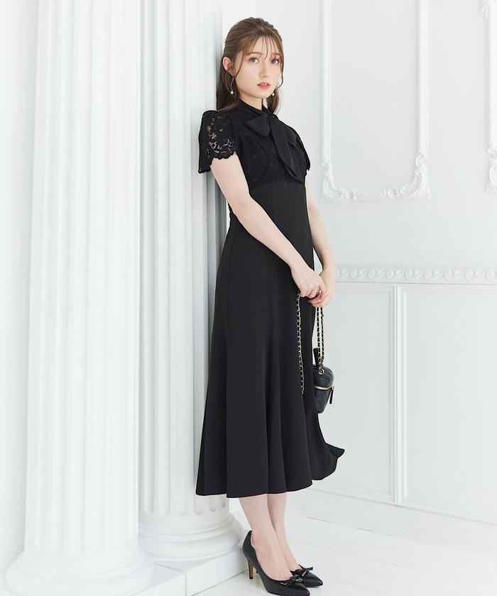 セール 50%OFF】異素材ボウタイレースドッキングワンピース