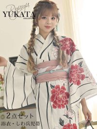 Rew-You/リューユ Rew－You 浴衣 モノトーン あいさ 白 ギャル 牡丹 花 セット かわいい 綿麻 エッグ Ryuyu/505413039