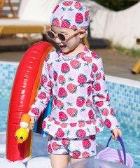 TeddyShop/テディショップ Teddyshop キッズ水着 長袖フリル総柄ラッシュガードトップス+ショートパンツ+キャップ 3点セット【返品不可商品】/505414137