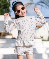 TeddyShop/テディショップ Teddyshop キッズ水着 長袖フリル総柄ラッシュガードトップス+ショートパンツ+キャップ 3点セット【返品不可商品】/505414137