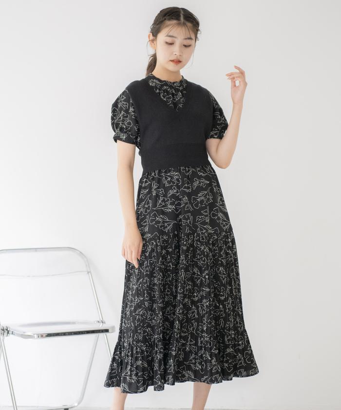 セール 60%OFF】モノトーンフラワープリントワンピ×ニットベスト