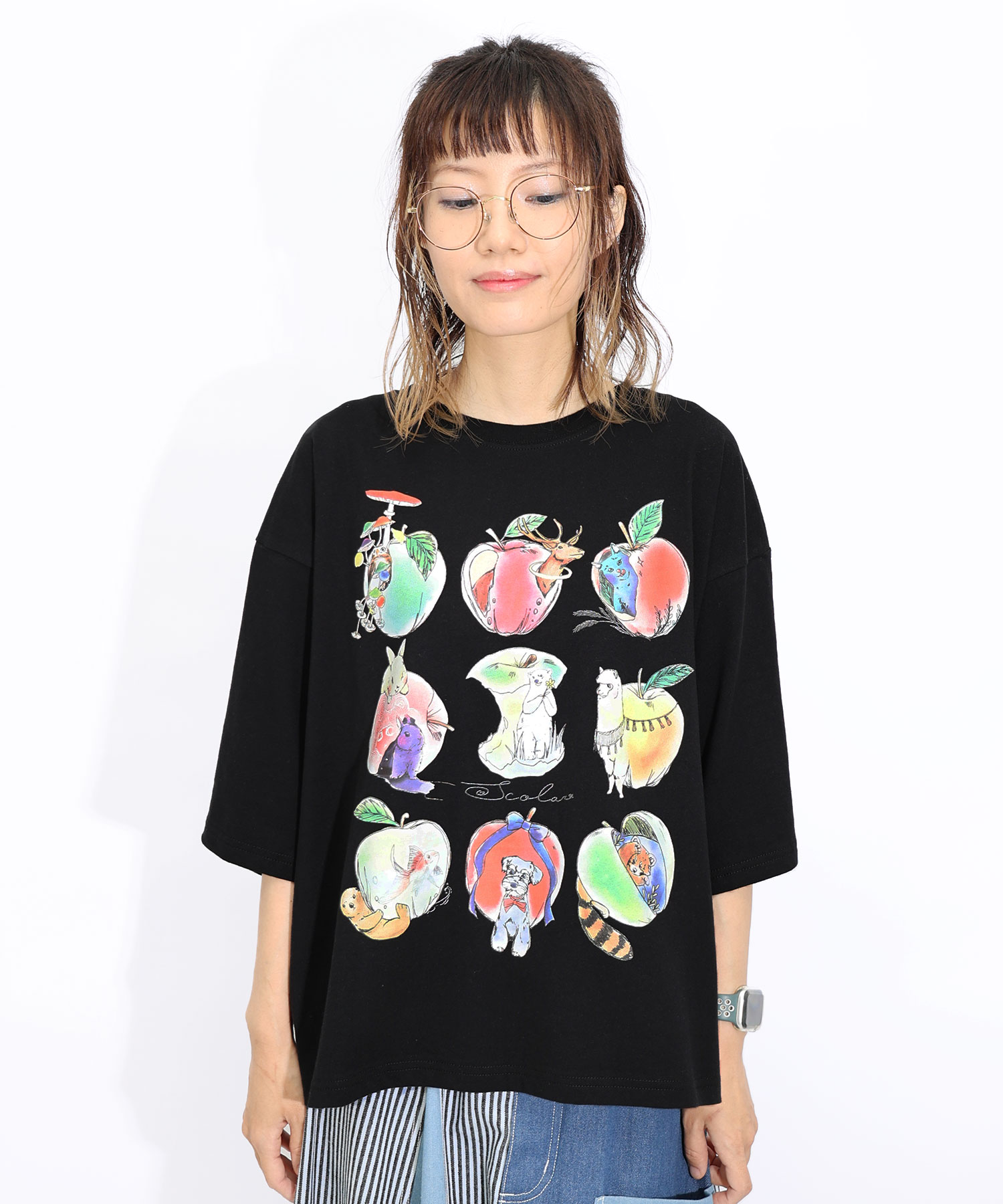 Tシャツ ScoLar スカラー 151702 アニマルリンゴ柄Tシャツ カジュアル ガーリー レトロ 原宿系 個性的 ポイント スカラー ScoLar アニマルリンゴ柄Tシャツ （ブルー
