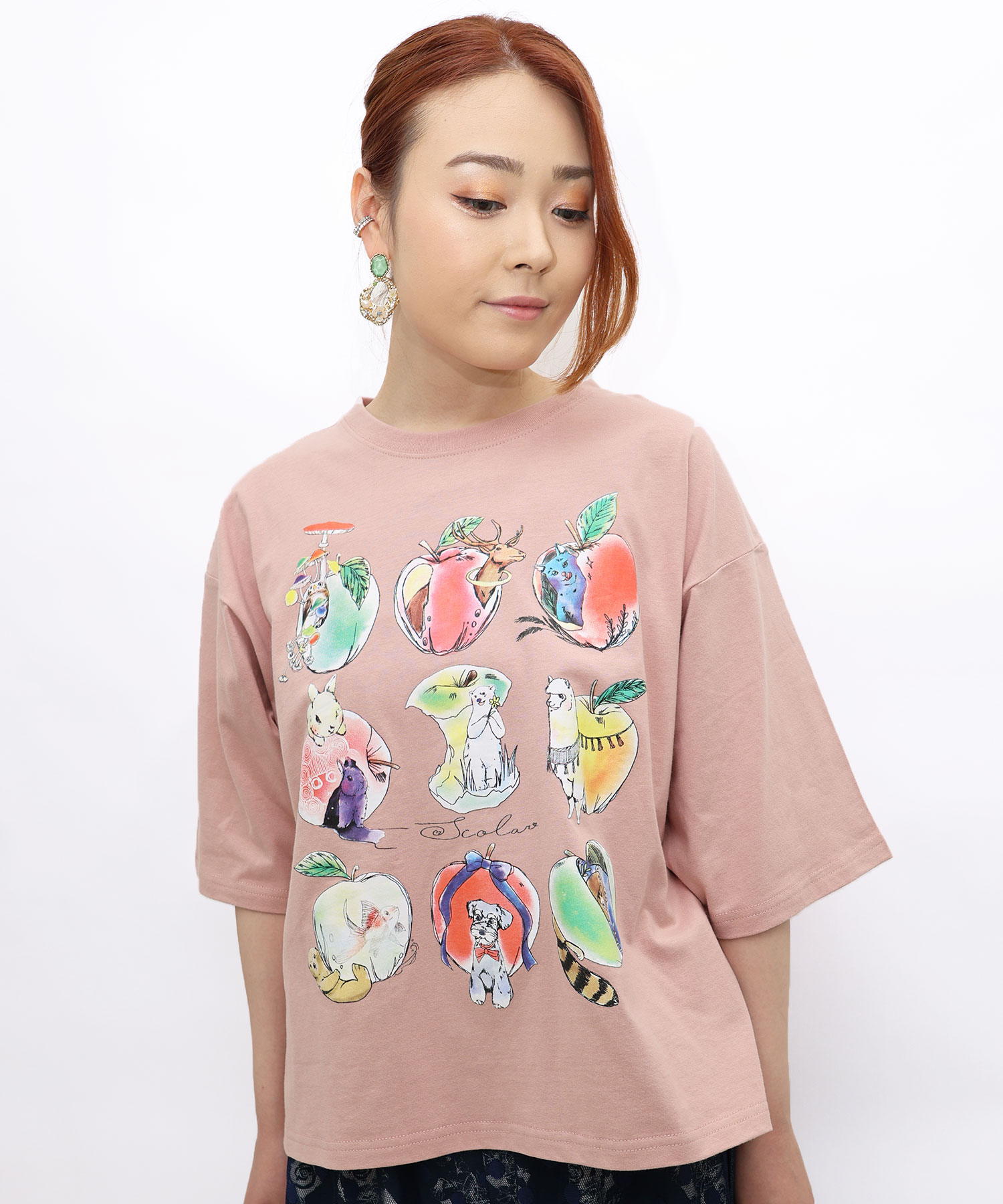 スカラー　scolar 151702-1：アニマルリンゴ柄Tシャツ 151702-1：アニマルリンゴ柄Tシャツの通販-ScoLar