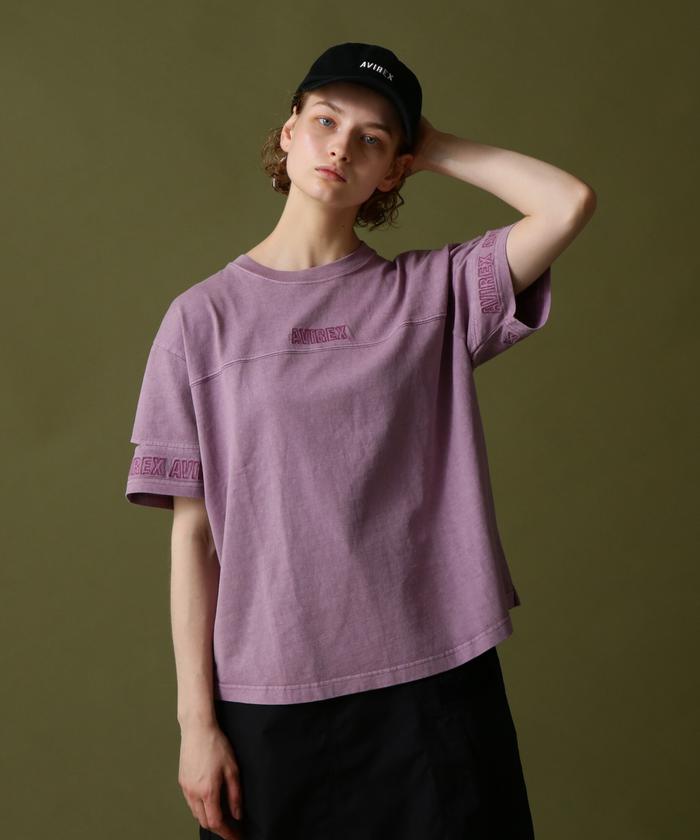 FADE WASH CUFFS OPEN EMBROIDERY T－SHIRT/フェイドウォッシュ