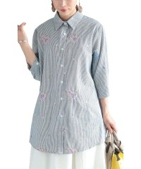 Sawa a la mode/花刺繍とストライプ柄のコットンシャツチュニック/505384131