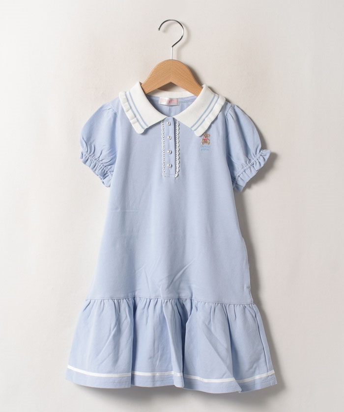 新品　メゾピアノ　クマ刺しゅう　ポロ衿パフスリーブ　ワンピース クマ刺しゅう ポロ衿パフスリーブ ワンピース(110cm サックス