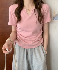 Amulet/サイドドロストリボンシャツ 春 夏服 秋 韓国ファッション 10代 20代 30代 黒 Tシャツ レディース 無地 シンプル トップス 半袖/505440933