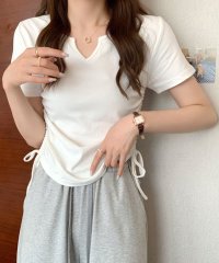 Amulet/サイドドロストリボンシャツ 春 夏服 秋 韓国ファッション 10代 20代 30代 黒 Tシャツ レディース 無地 シンプル トップス 半袖/505440933