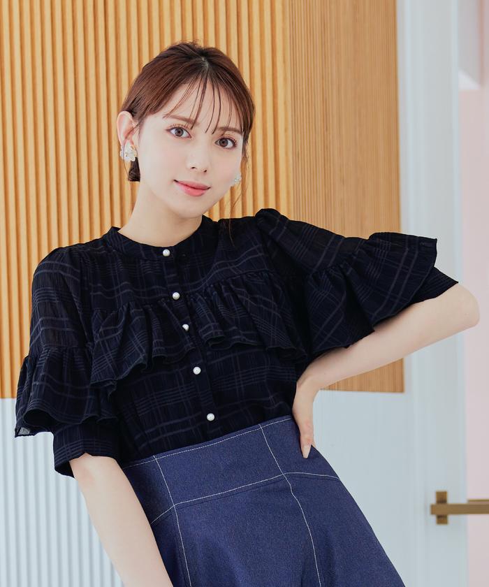 ☆美品☆　BLUELEA　ブルレア　青　ダブルフリルブラウス　ギンガムチェック ☆美品☆ BLUELEA ブルレア 青 ダブルフリルブラウス ギンガム