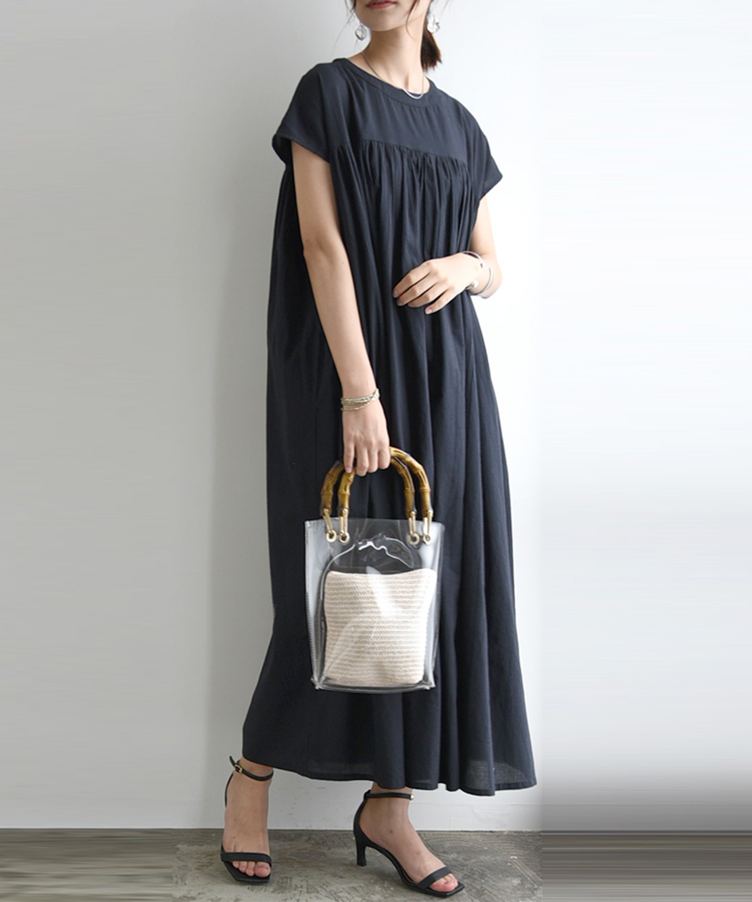バレエコア 古着 DONNA KARAN ニット×シルクシフォン ベアワンピース アンドイット and it_ 切替ギャザーコットンワンピース