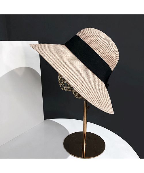 アトラクションズ ベージュ ストローパナマ　ハット 黒リボン SUMMER-SALE リボンベルト ビジュー ストローハット le reve