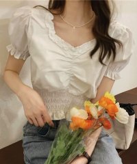 shoppinggo/ショッピングゴー shoppinggo 夏服 新作 フリルブラウス 半袖 Vネック ショート丈 トップス オルチャン 学生 デート 韓国ファッション/505458212