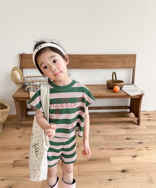 aimoha－KIDS－】韓国子供服 フロントプリントボーダーTEE+ショットパンツ セットアップ(505456872) aimoha（アイモハ）( aimoha) d fashion