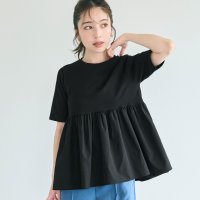 coca/異素材ドッキングペプラムカットソー（フレア/ギャザー/五分袖/クルーネック/Tシャツ/切り替え/体型カバー）/505416775