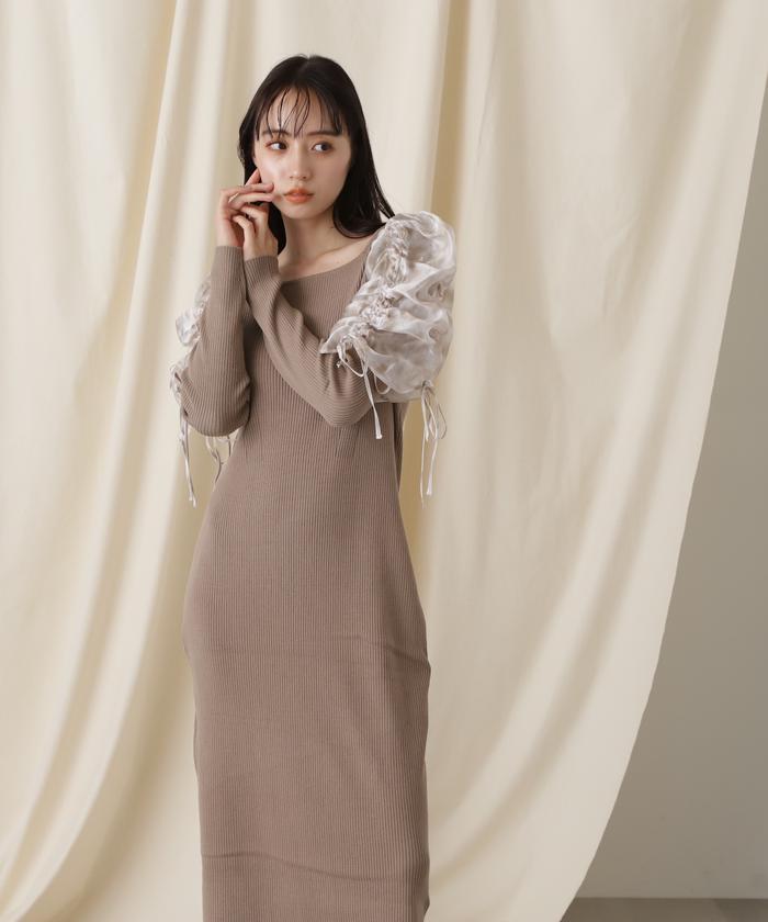 セール 60%OFF】シアーギャザースリーブニットワンピース