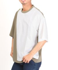 LUXSTYLE/ボタン付き異素材バイカラー5分袖Tシャツ/Tシャツ メンズ 5分袖 ビッグシルエット バイカラー 異素材 切替 配色/505471859