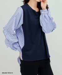 異素材MIXボーダーシャツ トップス カットソー 切替トップス ブラウス 韓国ファッション 体型カバー