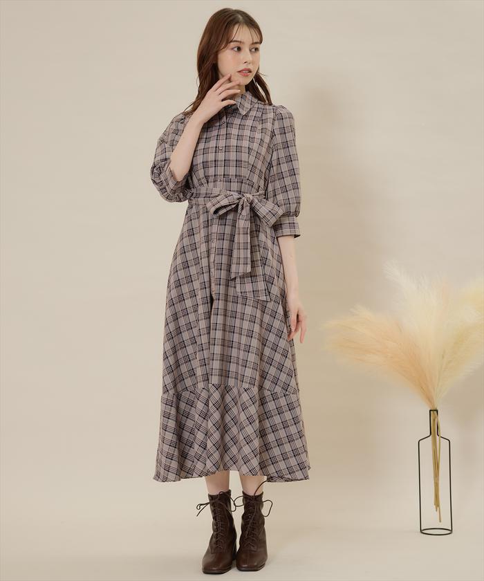 切替チェックリボン付きシャツワンピース(505477561) | SWINGLE 切替チェックリボン付きシャツワンピース(505477561) | SWINGLE