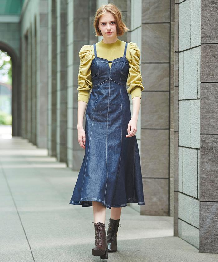 Diffusione Tessile 「1VERBANO」 デニム風サテンワンピース デニム刺繍フレアワンピース / GRACE CONTINENTAL | GRACE