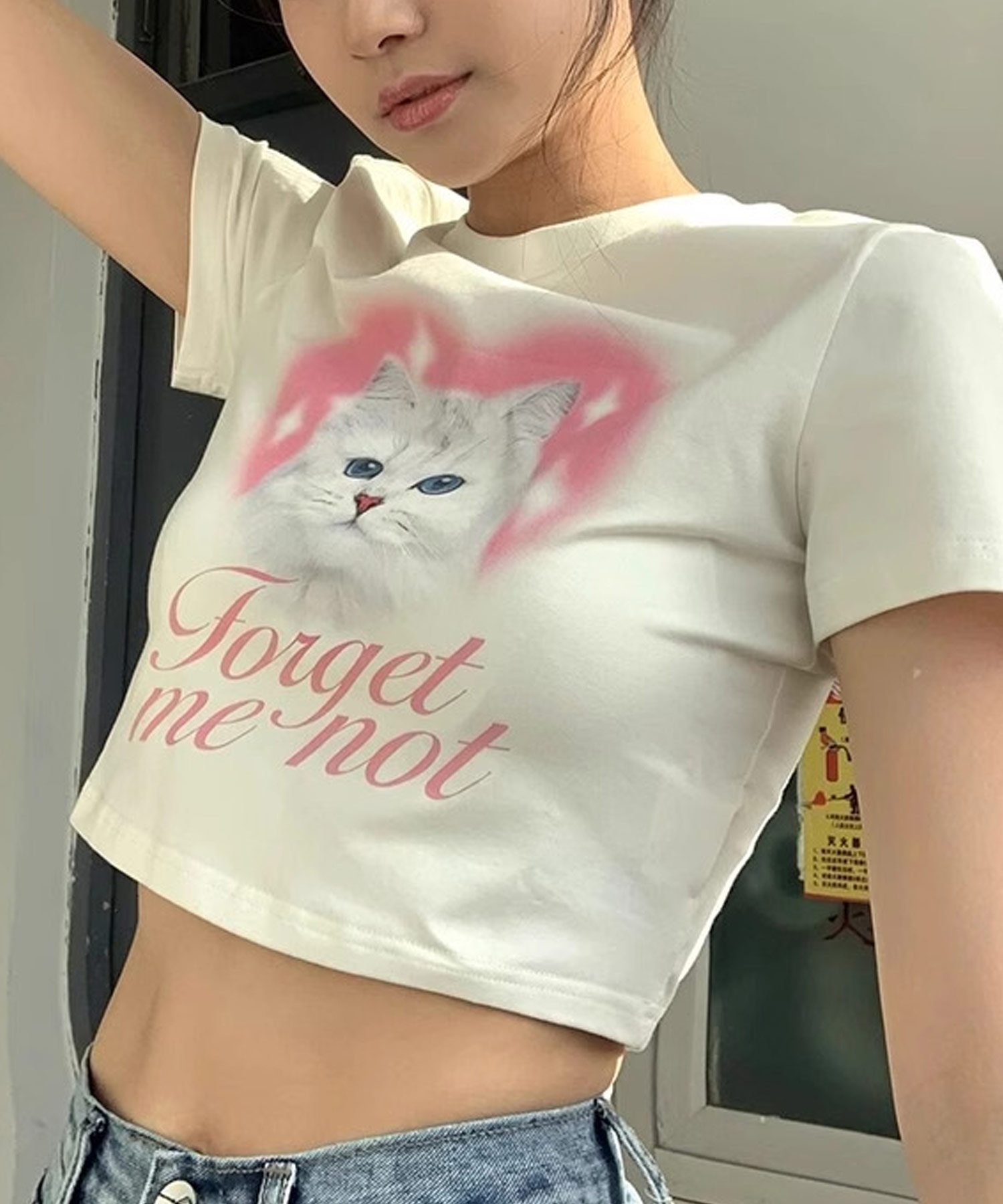 クーポン】猫プリント ショート丈 チビTシャツ ma 【即納】 トップス T