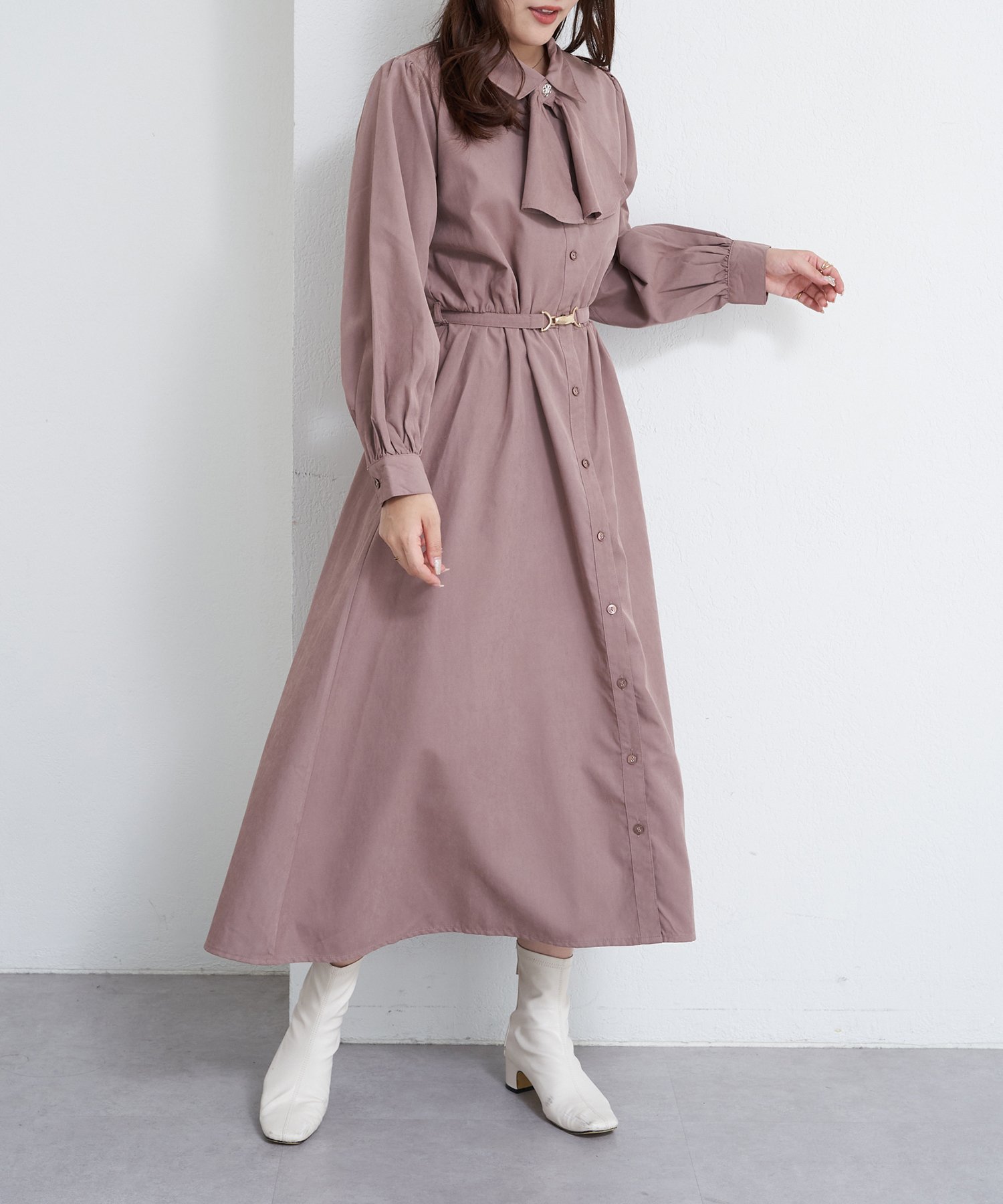 クーポン】【セール 60%OFF】カルゼ起毛ボウタイワンピース
